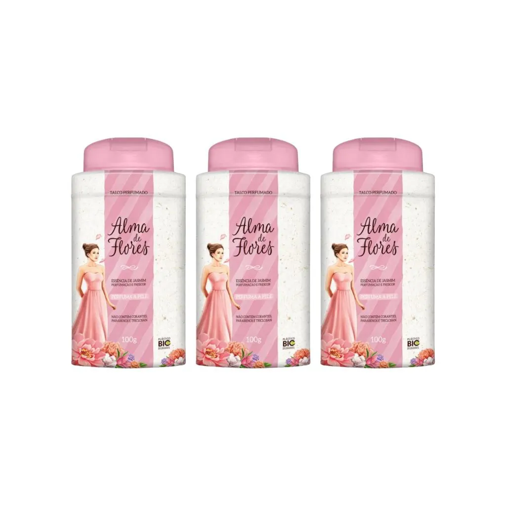 Talco Alma de Flores 100g Essencia Jasmim - Kit C / 3un