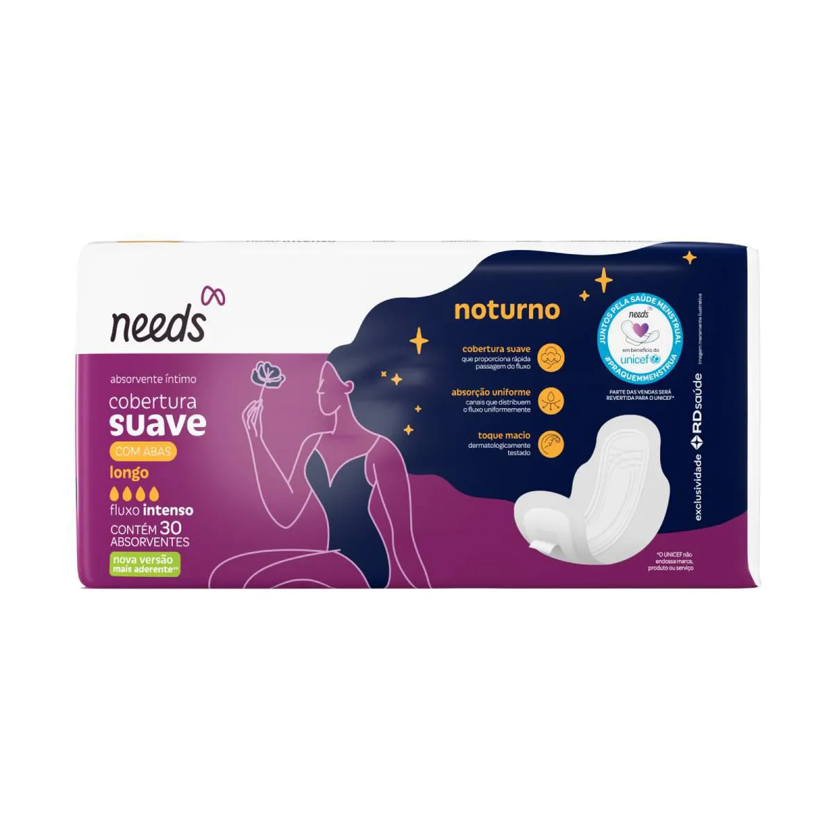 Absorvente Noturno Needs Cobertura Suave com Abas 30 Unidades
