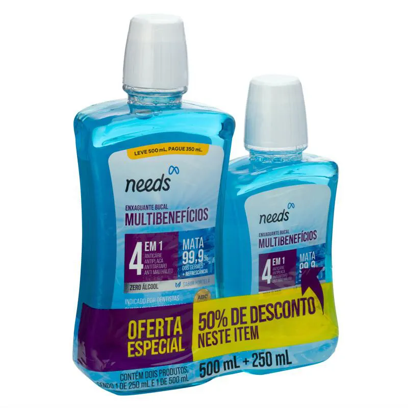 Enxaguante Bucal Needs 4 em 1 Hortelã Sem Álcool 500ml + 250ml