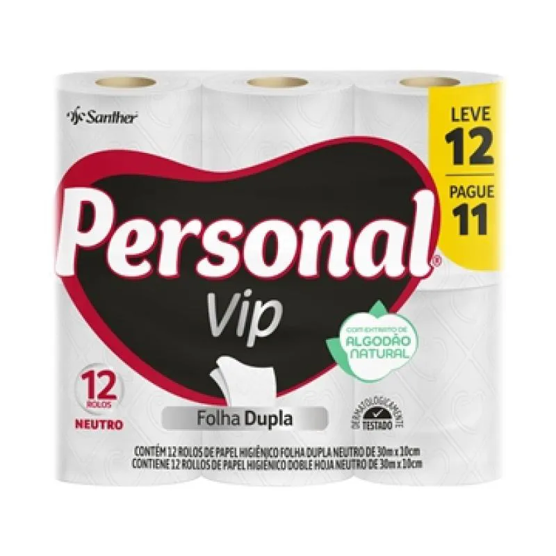 Papel Higiênico Personal Vip Folha Dupla Neutro 30m 6 Embalagem com 12 unidades