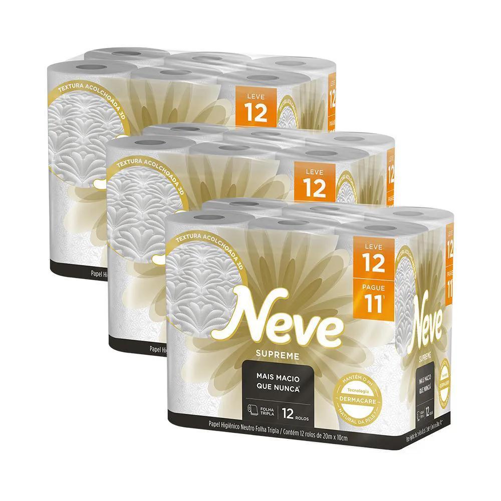 Kit 3 Papel Higiênico Neve Supreme Folha Tripla Leve 12un Cada