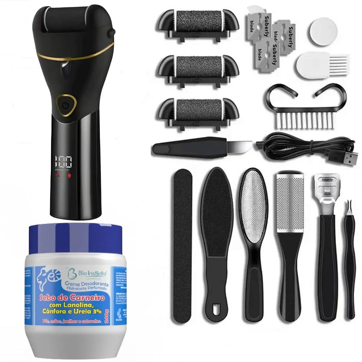 Lixa Elétrica Esfoliador Pés Recarregável Removedor de Calos + Creme Hidratante