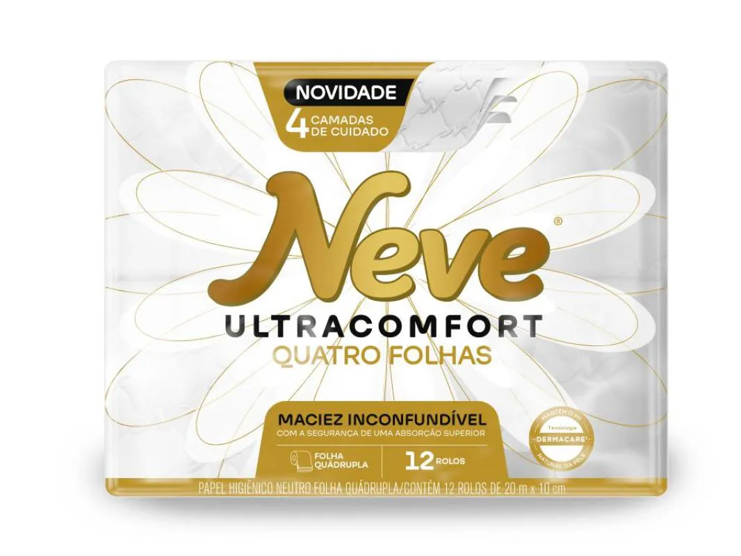 Papel Higiênico Neve Folha Quadrupla Neutro Ultracomfort 20M Pacote 12 Unidades