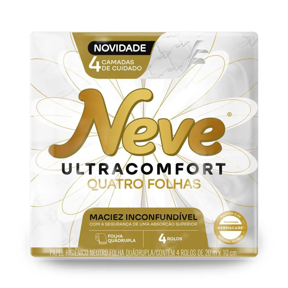 Papel Higiênico Neve Folha Quadrupla Neutro Ultracomfort 20M Pacote 4 Unidades