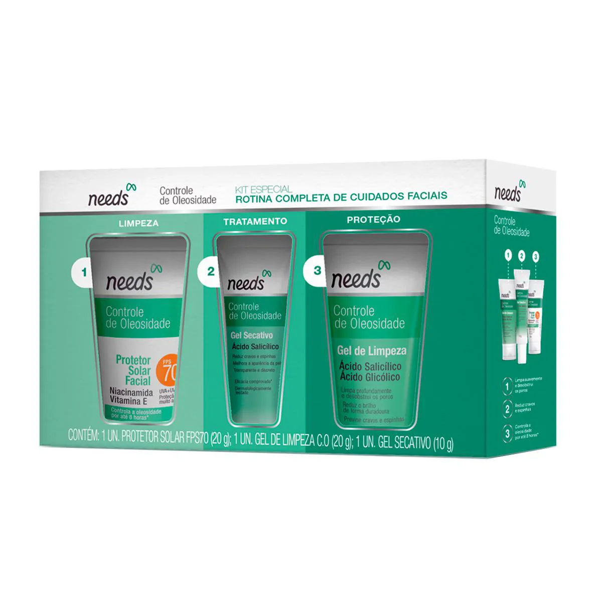 Kit Needs Mini Cuidados Essenciais Controle de Oleosidade Protetor Solar Facial FPS 70 20g + Sabonete Facial 20g + Gel Secativo 10g