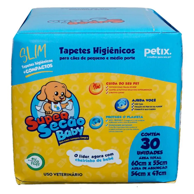 Tapete Higiênico Super Secão Baby Slim 30Un 60X55Cm para Cães de Pequeno e Médio Porte