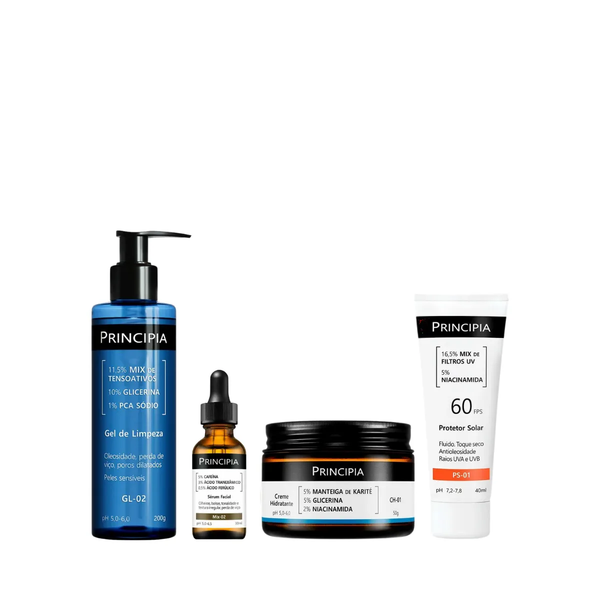 Kit Facial Principia Skincare Gel de Limpeza Suave GL-02 200ml + Sérum Anti-Idade Mix-02 30ml + Creme Hidratante CH-01 50g + Protetor Solar PS-01 FPS 60 40ml
