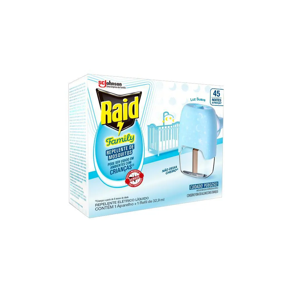 Pack Repelente Elétrico Líquido Raid 45 Noites Family + Refil 32,9Ml