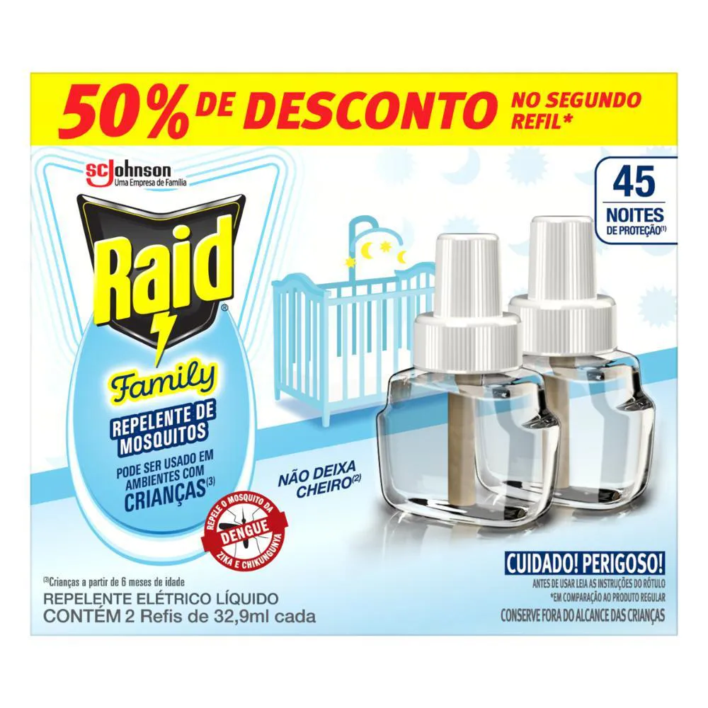 Refil Repelente Líquido Raid 45 Noites Family 2Un de 32,9Ml