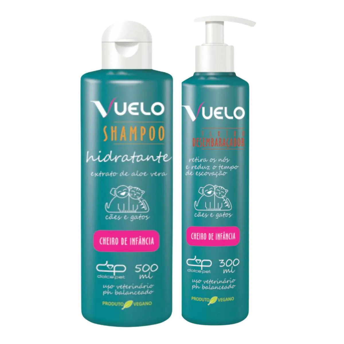 Kit Vuelo Shampoo Hidratante + Fluido Desembaraçador Cheiro de Infância Cães e Gatos