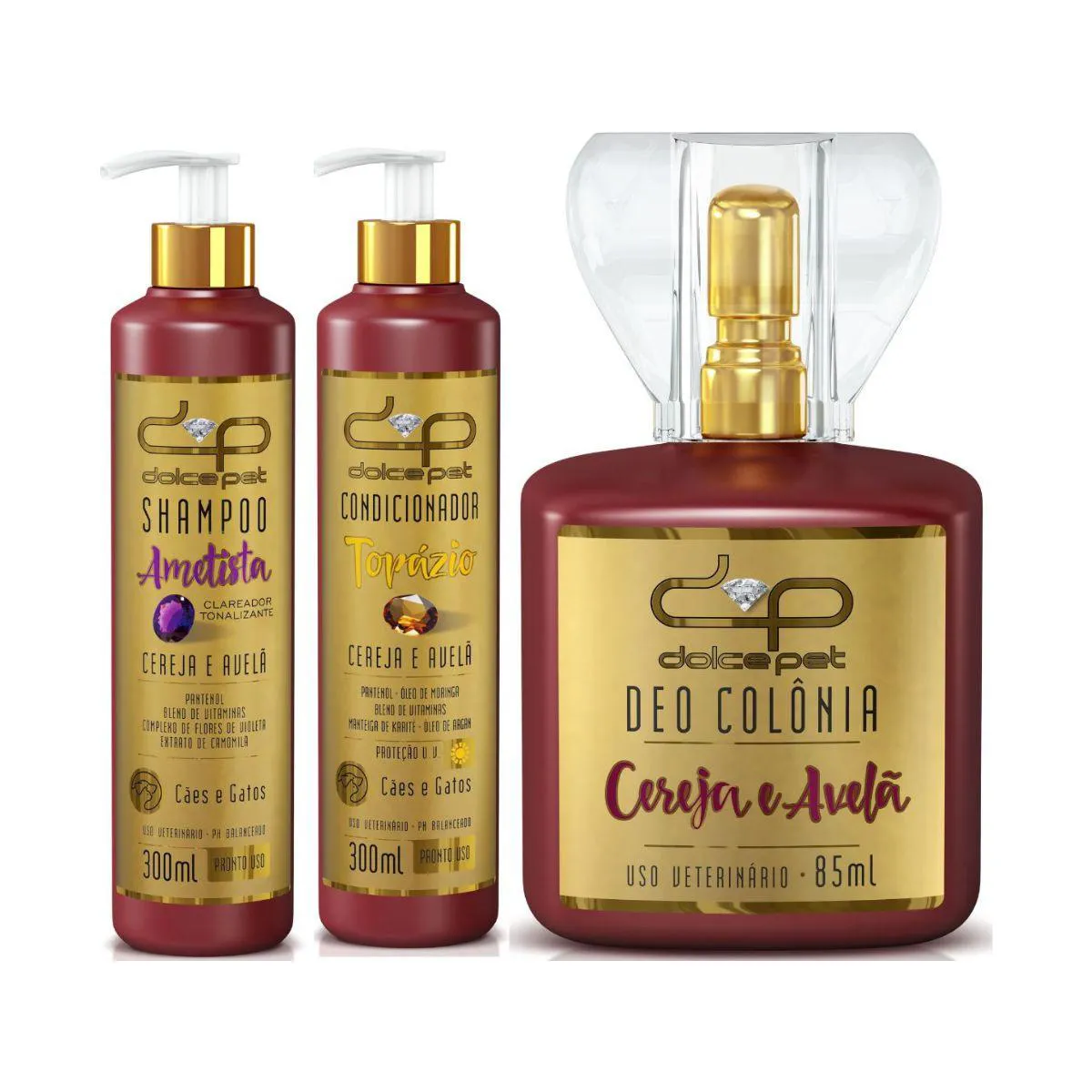 Kit Dolce Pet Shampoo Clareador Tonalizantes + Condicionador Topázio + Deo Colônia Cereja e Avelã Cães e Gatos