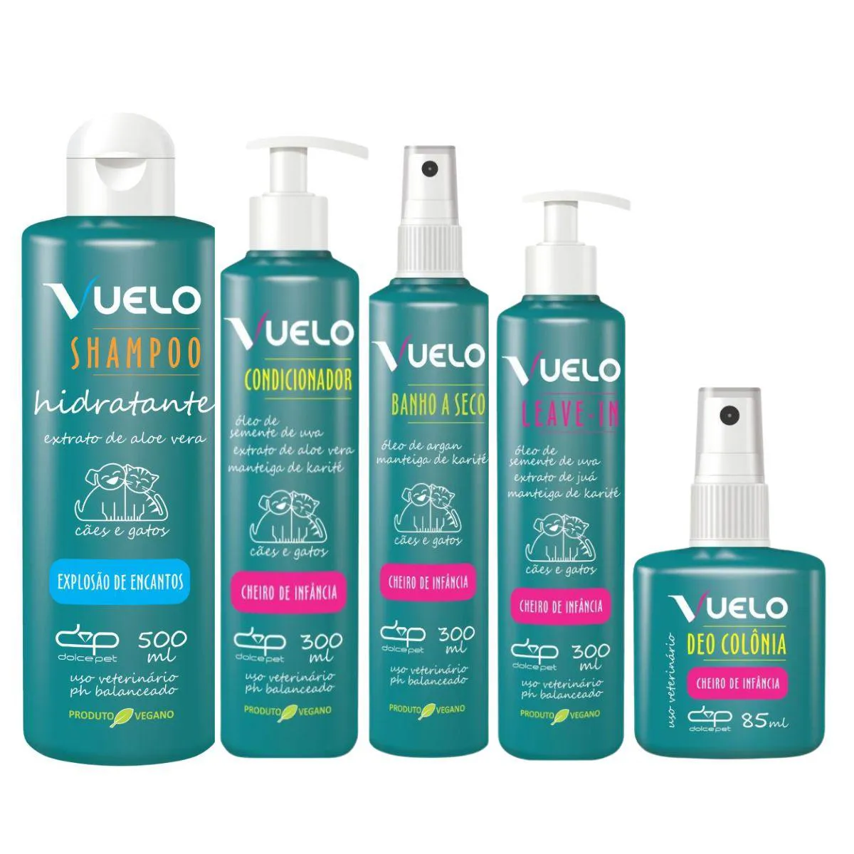 Kit Dolce Pet Shampoo Hidratante + Condicionador + Banho Á Seco +Leave-In+Deo Colônia Cheiro de Infância Cães e Gatos