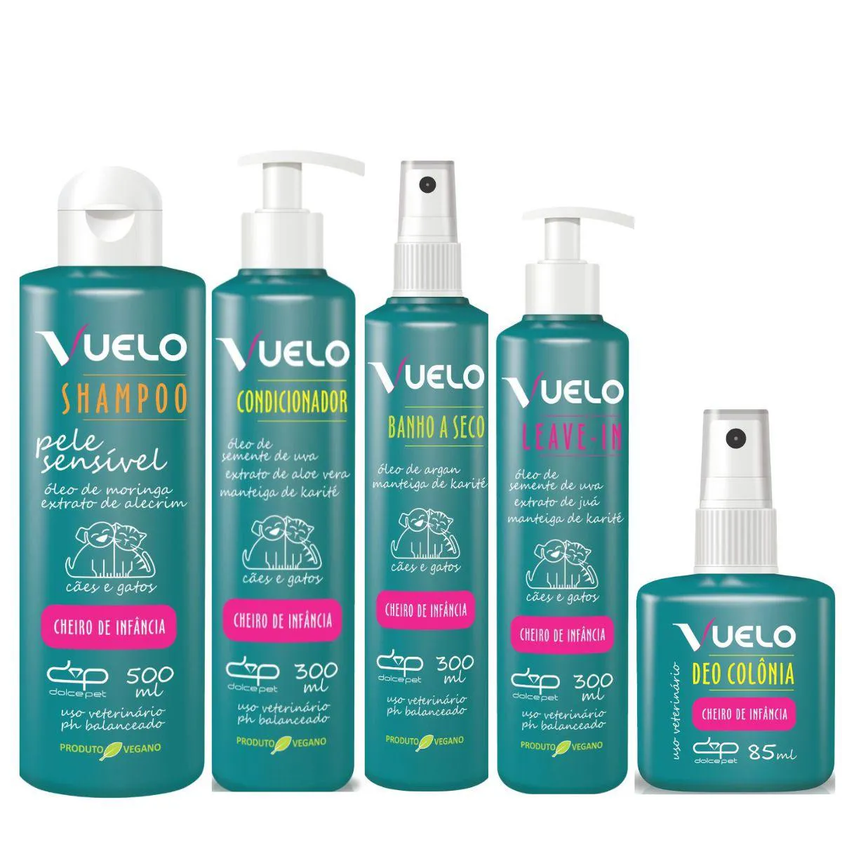 Kit Dolce Pet Shampoo Pele Sensível + Condicionador + Banho Á Seco +Leave-In+Deo Colônia Cheiro de Infância Cães e Gatos