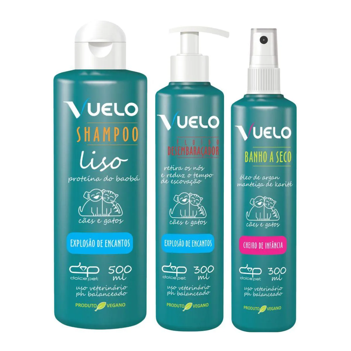 Kit Vuelo Shampoo Liso + Fluído Desembaraçador + Banho a Seco – Cuidados Completos para o Seu Pet