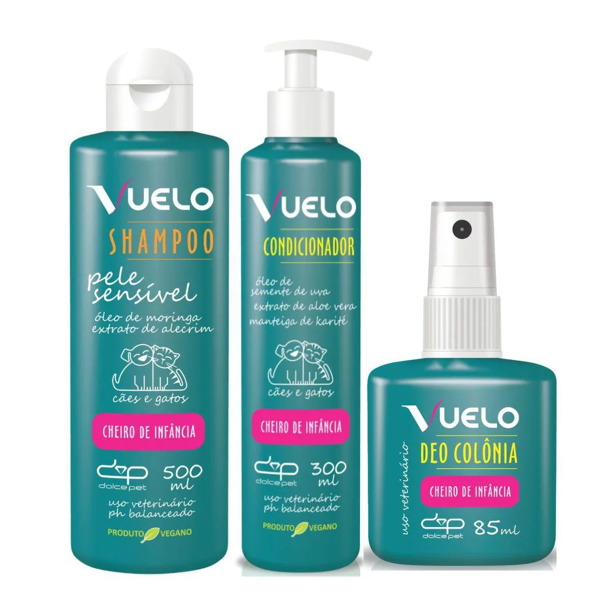 Kit Vuelo Shampoo Pele Sensível + Condicionador + Deo Colônia Cheiro de Infância para Cães e Gatos