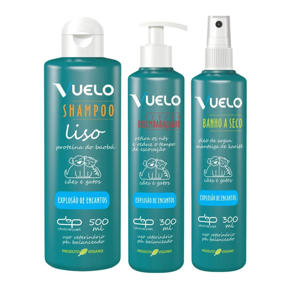 Kit Vuelo Shampoo Liso + Fluido Desembaraçador + Banho a Seco Explosão de Encantos para Cães e Gatos