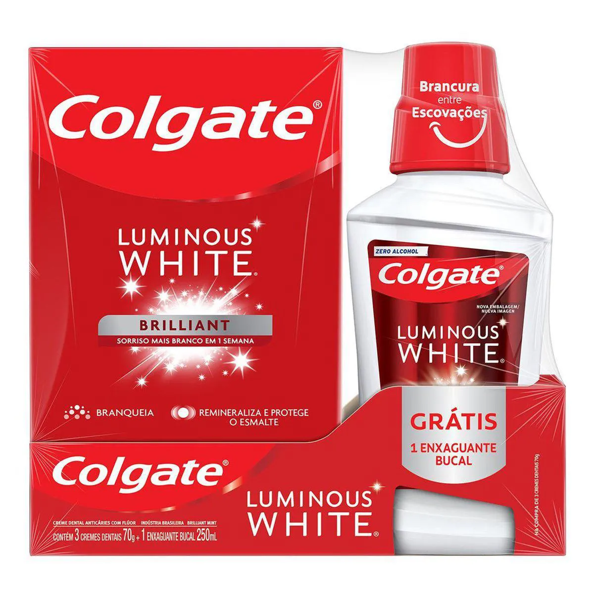 Kit Colgate Luminous White Brilliant Creme Dental 70g 3 unidades + Enxaguante Bucal 250ml