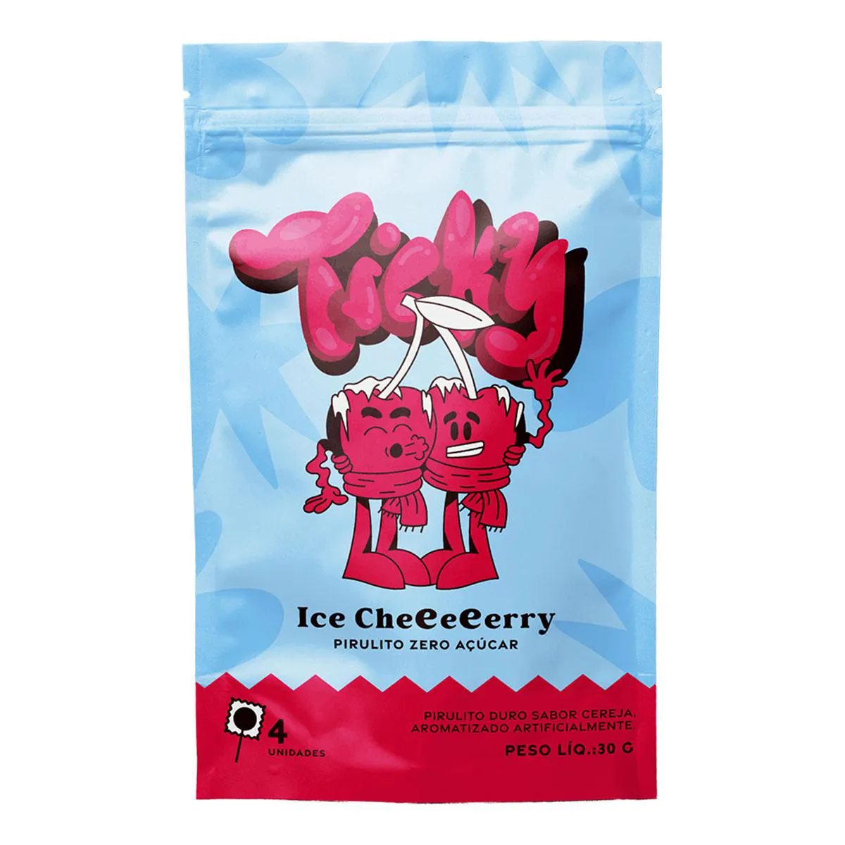 Pirulito Ticky Zero Açucar Ice Cherry Pouch 4 unidades