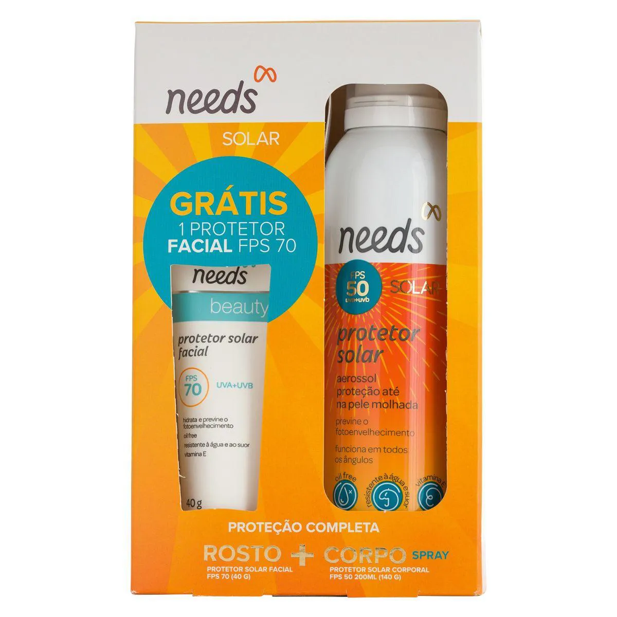 Kit Protetor Solar Needs Facial FPS 70 40g + Corporal FPS 50 Aerossol 200ml