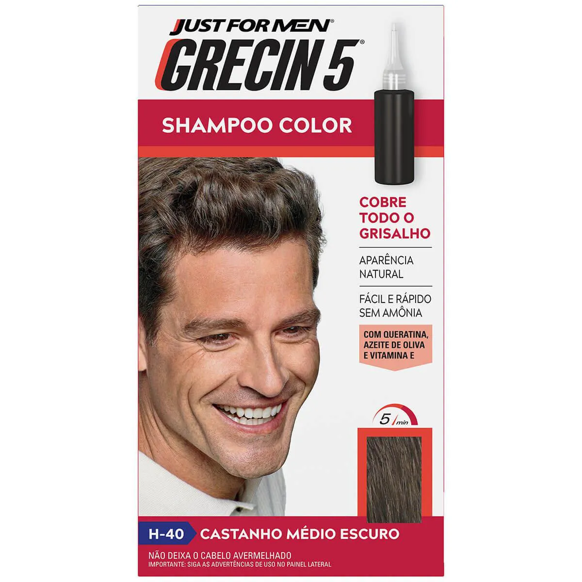 Shampoo Tonalizante Color Just For Men Grecin 5 - H-40 Castanho Médio Escuro