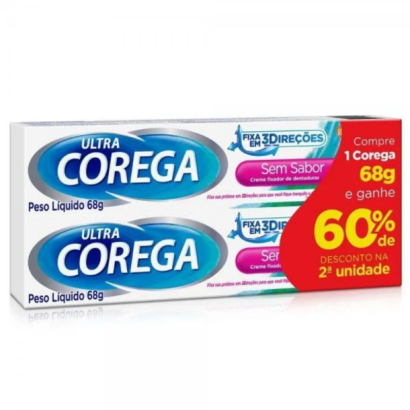 Kit Corega Ultra Creme Fixador de Dentaduras sem Sabor com 2 unidades com 68g Cada