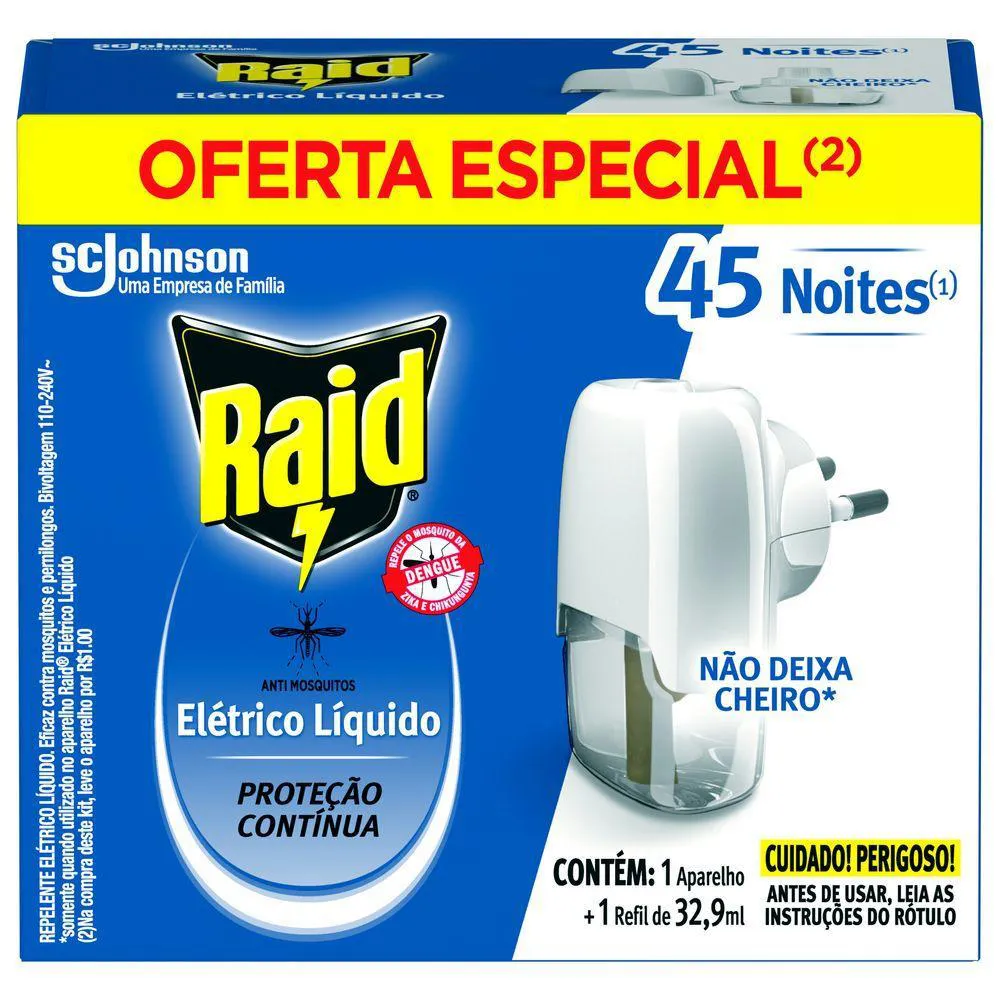 Repelente Elétrico Líquido Raid Anti Mosquitos 1 Aparelho + 1 Refil de 32,9 ml