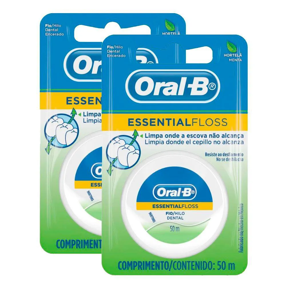 Kit 2 Fio Dental Oral-b Essential Floss Encerado Menta 50m